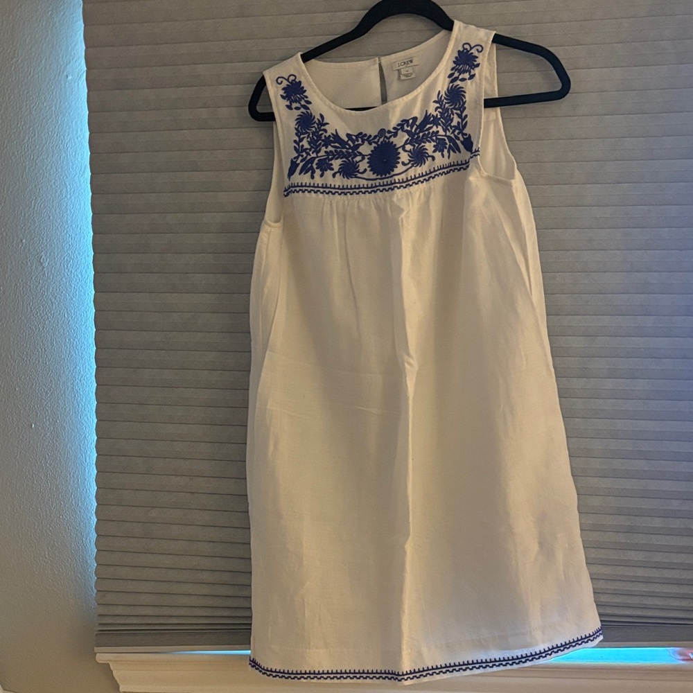 J. Crew White Dress with Blue Embroidery